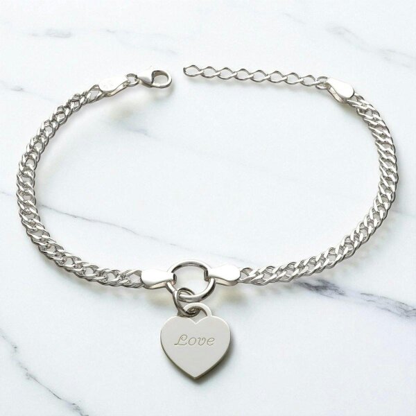 Christopher James of London Sterling Silver Ladies Heart on Fancy Double Curb Chain Bracelet With Optional Engraving