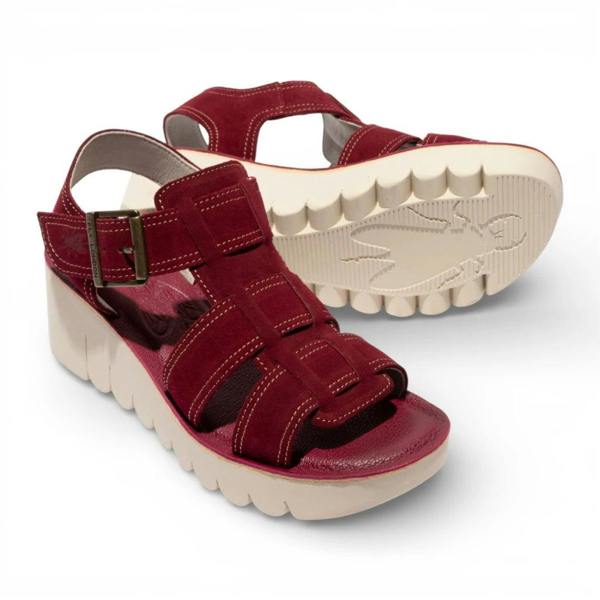 Fly London YUDD236FLY - Women’s Berry Red Suede Leather Wedge Sandals