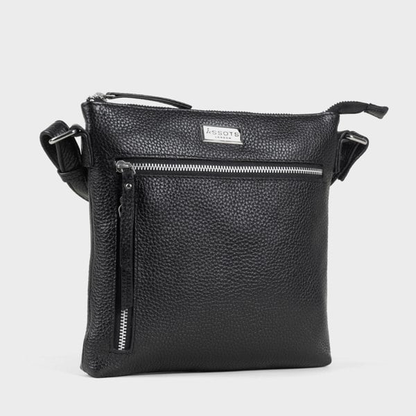 Assots London 'RUE' Black Pebble Grain Real Leather Crossbody Bag