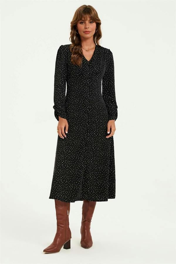 FS Collection Dot Print Long Sleeve Button Front Midi Dress In Black