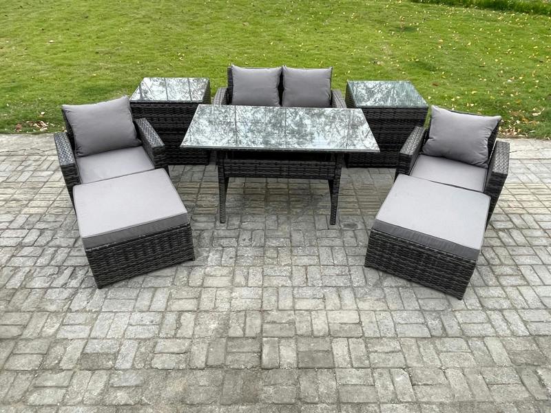 Fimous 6 Seater Outdoor Set, Rattan Dining Table, Double Seat Sofa, Armchair, 2 Big Footstools and 2 Side Tables, Dark Grey Mixed