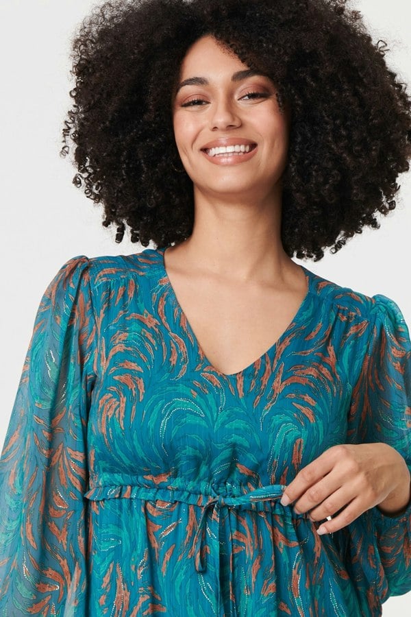 Teal | Leaf Print Sheer Tie Waist Maxi Dress
