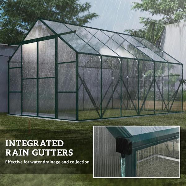 Clear polycarbonate greenhouse showing integrated rain gutters along the roof edge for drainage.
