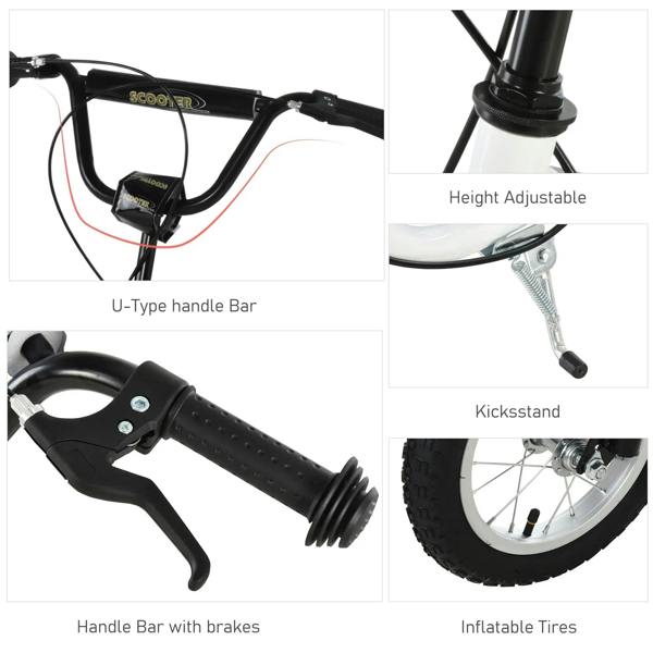 Kick scooter features: U-type handlebar with brakes, kickstand, and inflatable tires