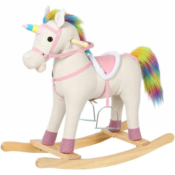 Rocking Horse, Unicorn Ride on Horse with Sounds and Stable Wooden Base for 1-3 Years, Cream White