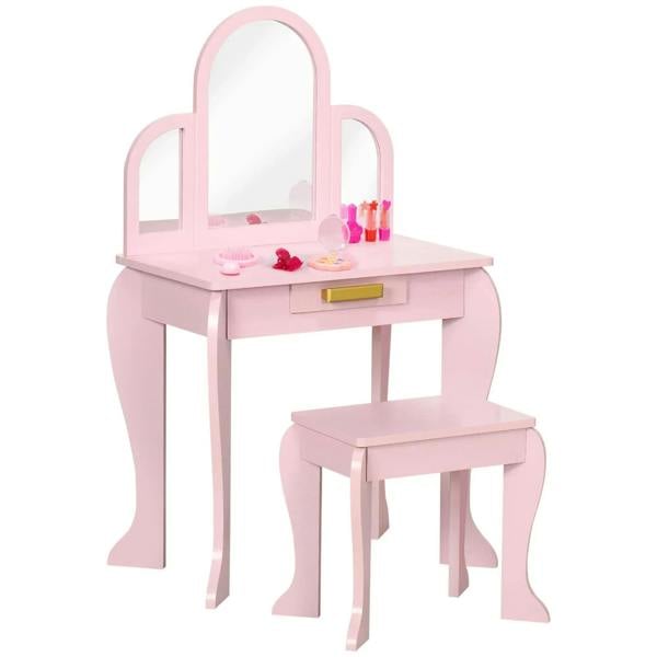 Pink kids vanity table with arched mirror and front storage drawer