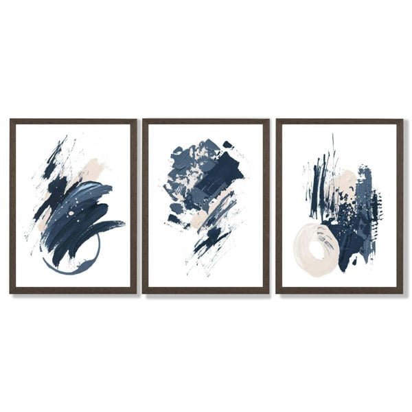 Abstract Set of 3 Minimal Blue Oil Painting Framed Art Prints with Dark Wood Frames