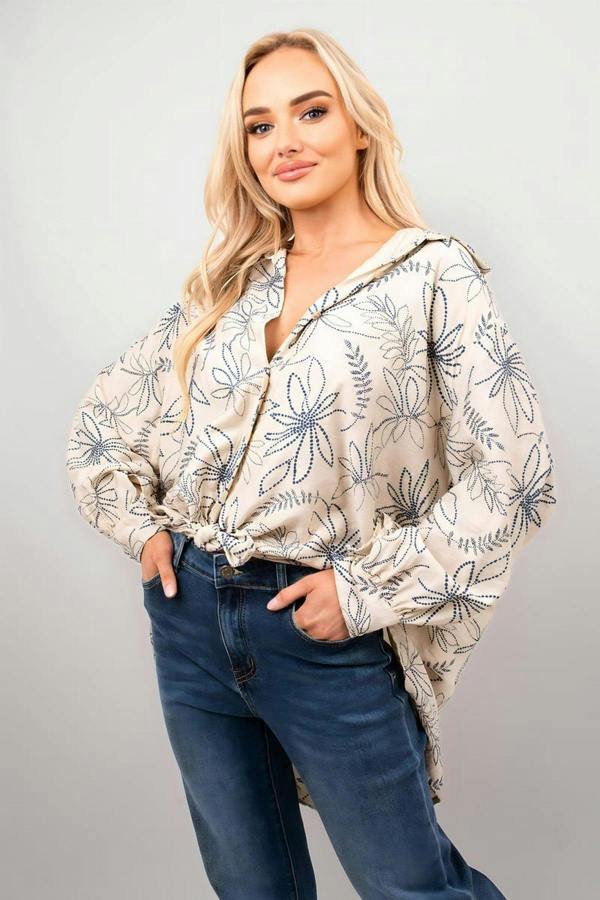 Erin Floral Print Oversized Long Sleeve Button Down Top - Beige