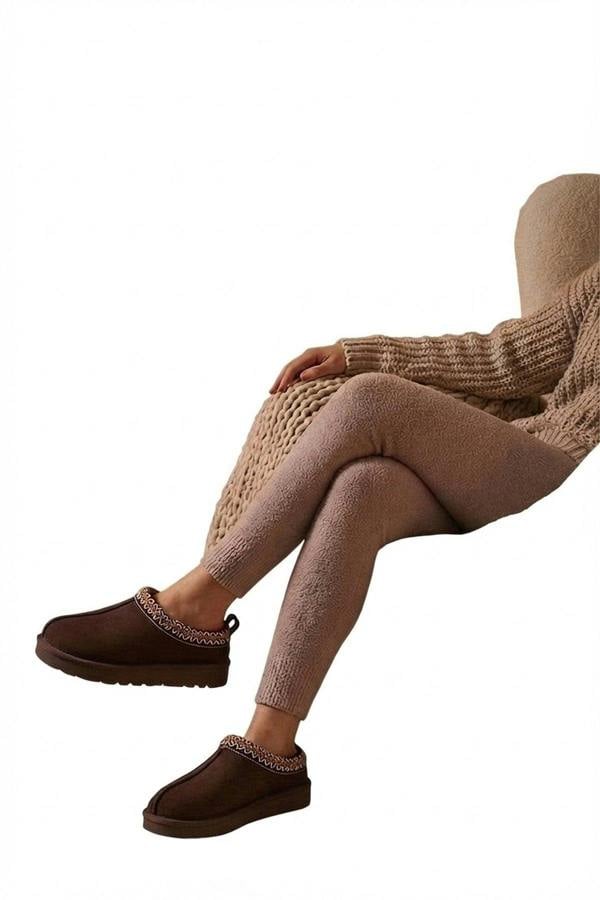 Ravina Chunky Slip On Suede Slippers With Stitch Detail - Brown_wb