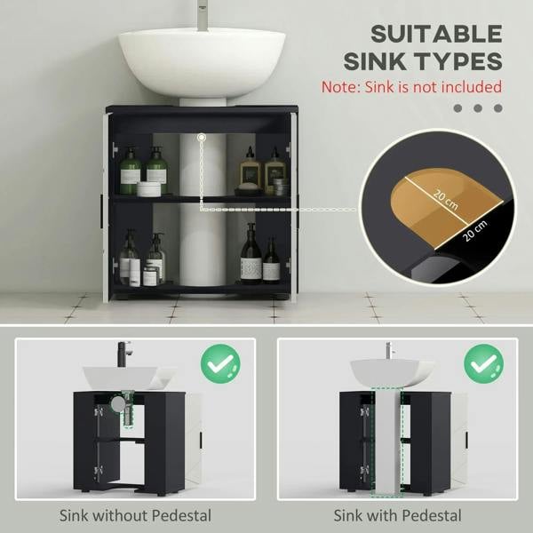 Light grey bathroom vanity cabinet with black countertop and open storage shelf under sink