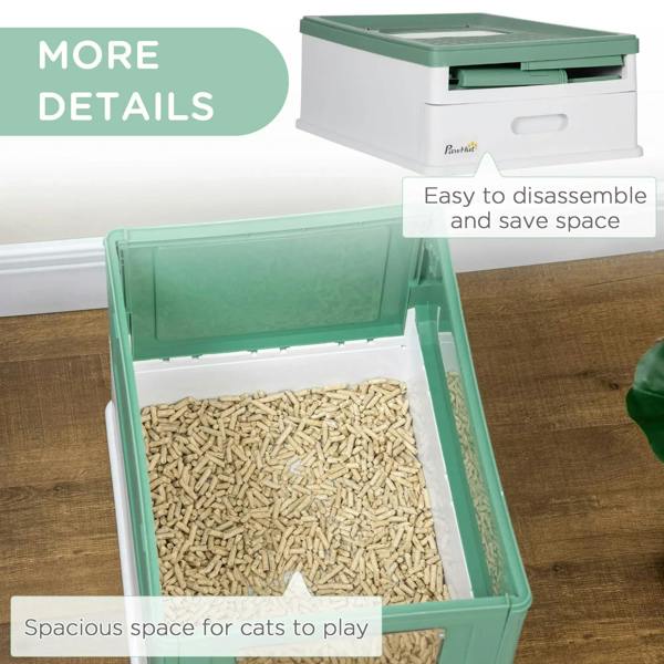 Green hooded cat litter box with open top and spacious inner base bin