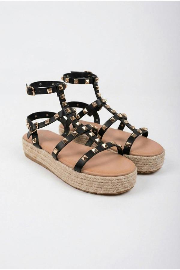 Wendy Studded Gladiator Flatform Espadrille Sandals - Black