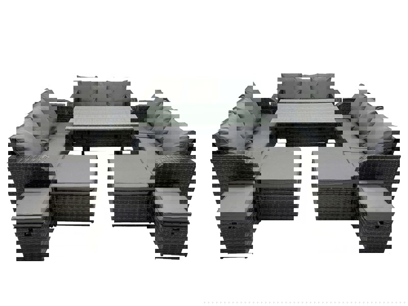 Fimous 13 Seater Garden Outdoor Rattan Furniture Set Rattan Sofa Oblong Dining Table with 4 Footstools Dark Grey