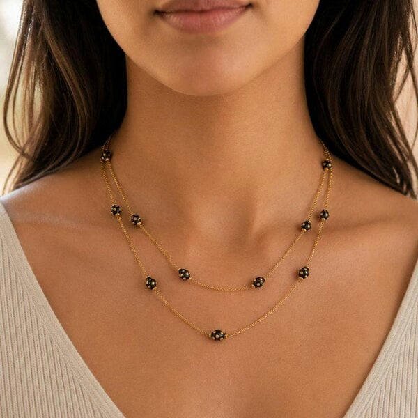 The Colourful Aura Gold Plated Double Layer Black Dotted Bead Necklace 18 Inch