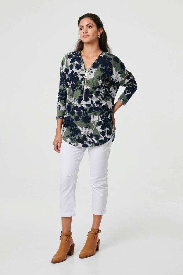 Green | Leaf Print Zip Front Relaxed Top
