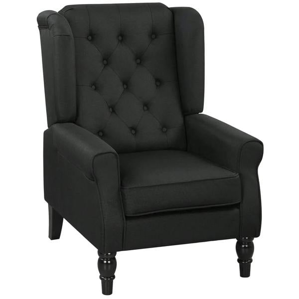 Black linen wingback accent chair, tufted buttons, rolled arms, turned legs