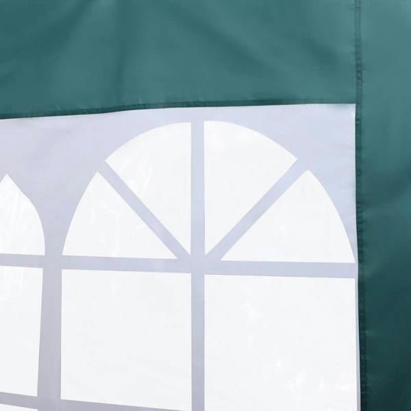 Close-up of dark green gazebo window panel with white PE grid sections