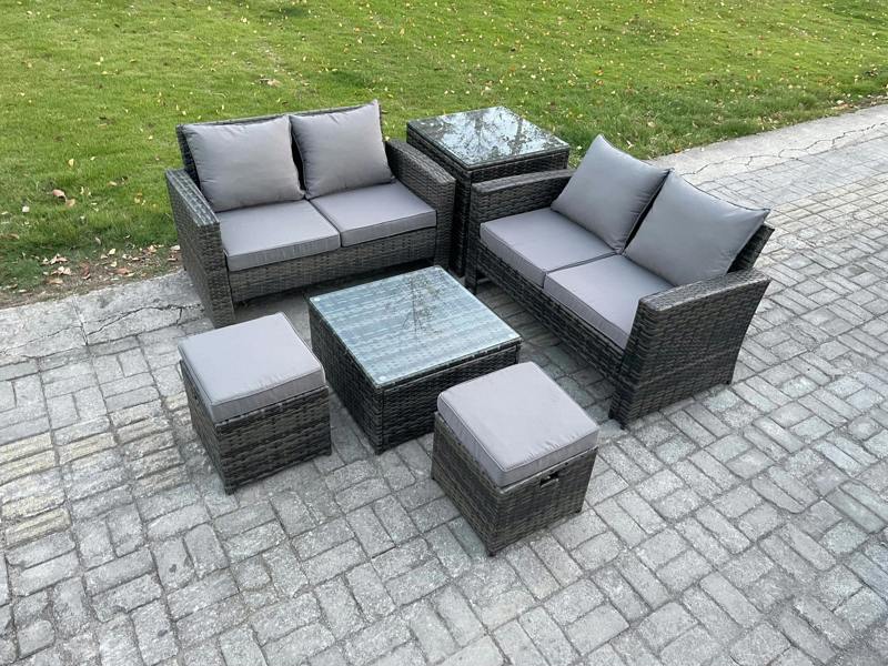 Fimous 6 Piece Rattan Garden Set, Patio Rattan Furniture Sofa Weaving Wicker, 2 Double Seat Sofa, Coffee Table, 2 Small Footstools and Side Table