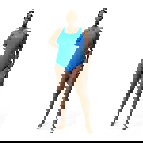 Blue Speedo Placement Medalist swimsuit with black mesh and straps