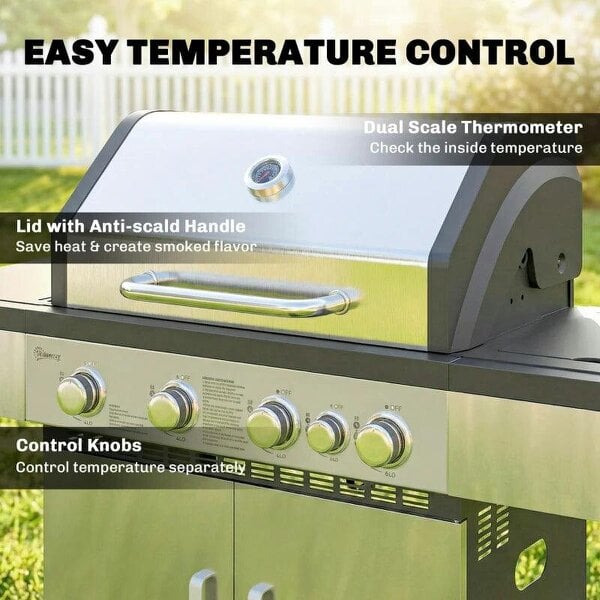 Bobobiy 4+1 Burner Gas BBQ Grill, Portable Gas Barbecue Grill with Side Burner, Warming Rack, Side Shelf, Storage Cabinet