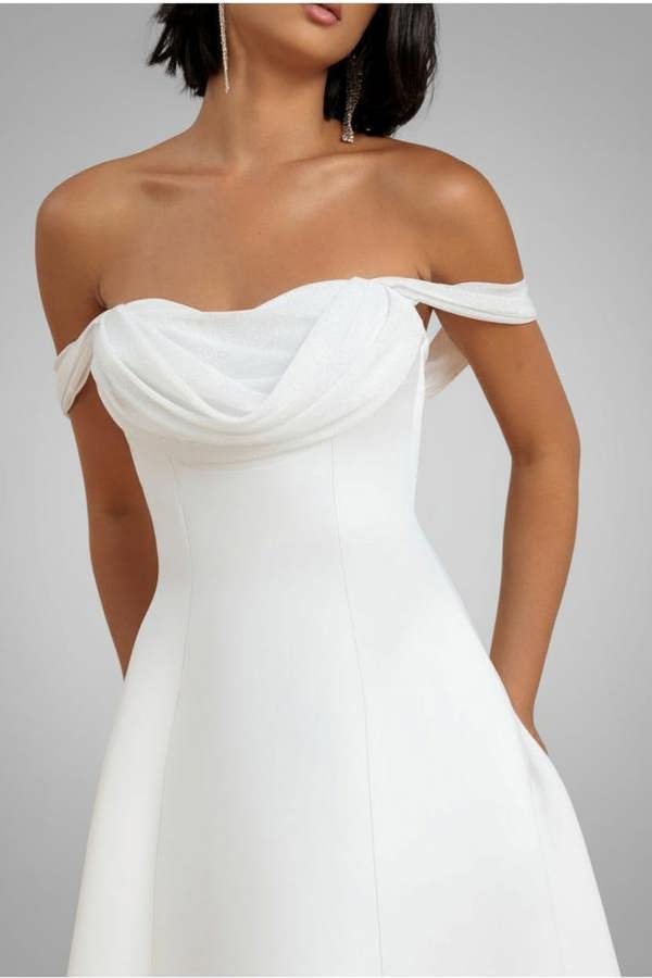 Sparkle Chiffon Cowl Bardot Skater Midi Dress - Cream DR4721