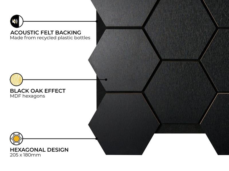 Fuse Acoustic Wooden Hexagon Wall Panel in Black Oak