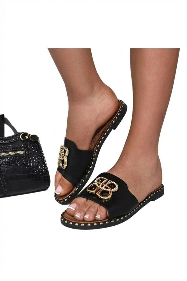 Abby Sparkle Buckle Gold Studded Flat Sandals - Black_wb