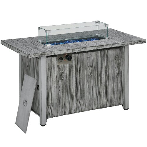 Wyld Haus Zisefasu Steel Grey Wood Effect Gas Fire Pit Table with Cover And Glass Screen