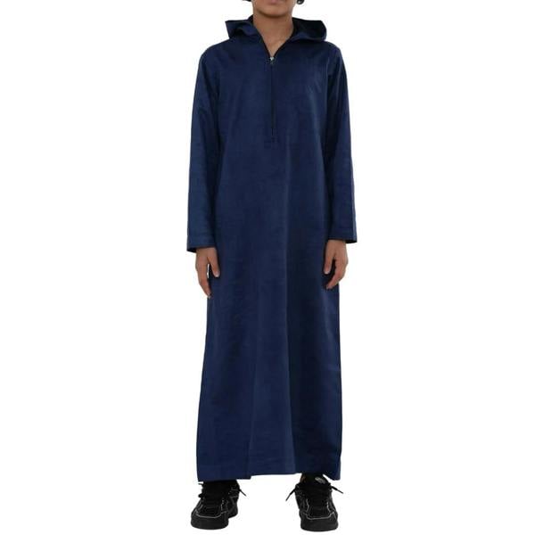 HM12 - Boy's Hooded Suede Emirati Omani Zipped Thobe - Navy - Thobez - 1