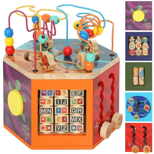 Multicolored wooden activity cube toy with bead maze and pattern sorter panels