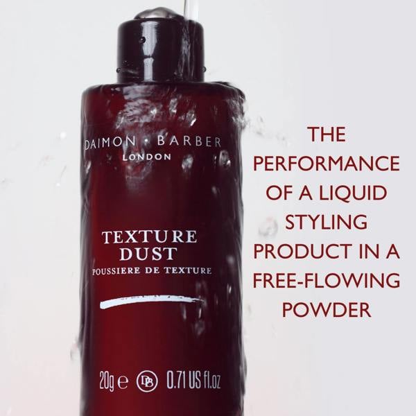 Texture Dust bottle with water flowing on it with text on white background listing benefits
