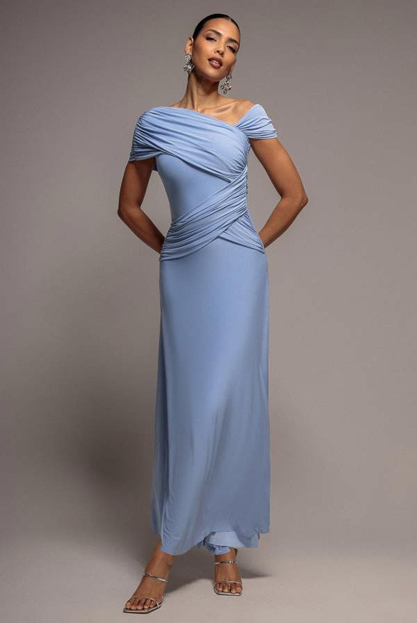 Asymmetric Neck Gathered Waist Maxi Dress - Blue DR5096