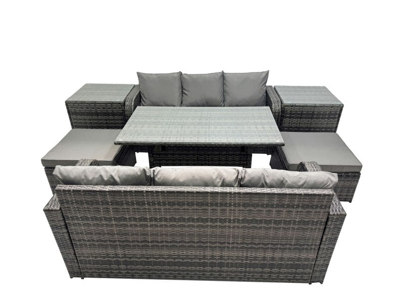 Fimous 8 Seat Outdoor Wicker PE Rattan Garden Furniture Set Dining Table Sofa Set with 2 Big Stool 2 Side Tables Dark Grey Mixed