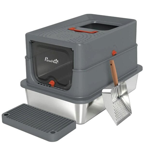 Stainless Steel Cat Litter Tray with Lid, XL 90L Enclosed Cat Litter Box with Step, Scoop, High Side, Dark Grey