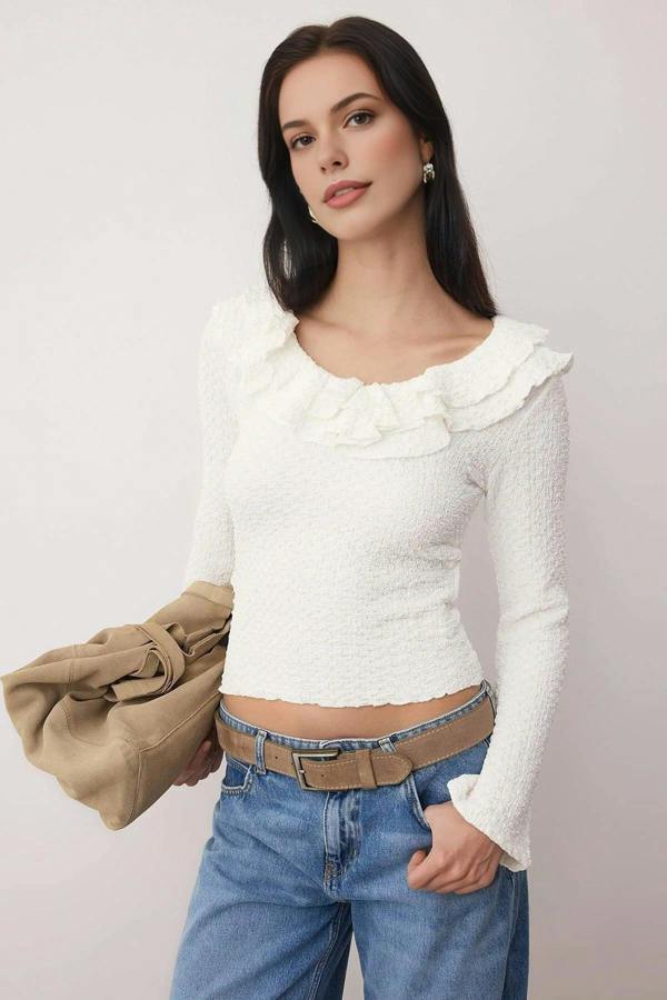 WOVCOR Textured Fitted Stretch Knit Blouse with Ruffle Detail