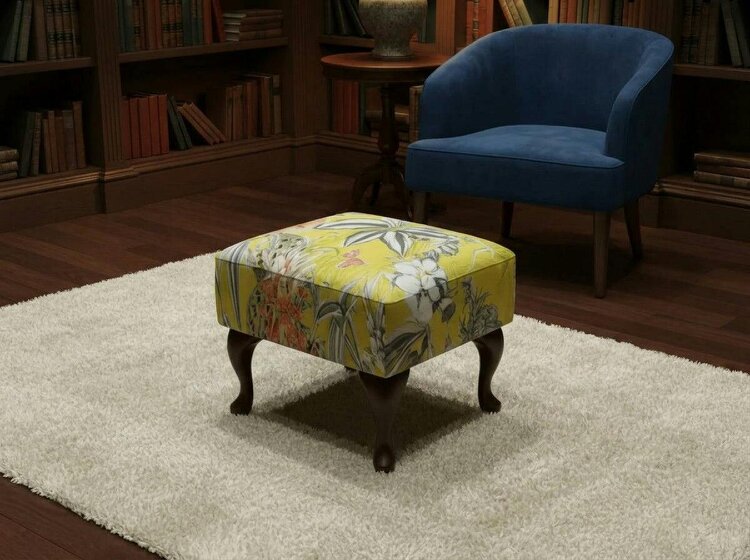ISTOOLS Premium Zen Floral Footstool Ottoman – Yellow Bird Print Pouffe Footrest for Living Room Decor - 19 x 17 Inches (48 x 43cm)