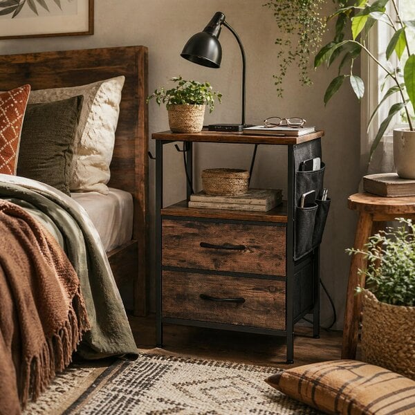 Wyld Haus Yoroma Rustic Brown Bedside Table With Built In Charging Ports 2 Drawers