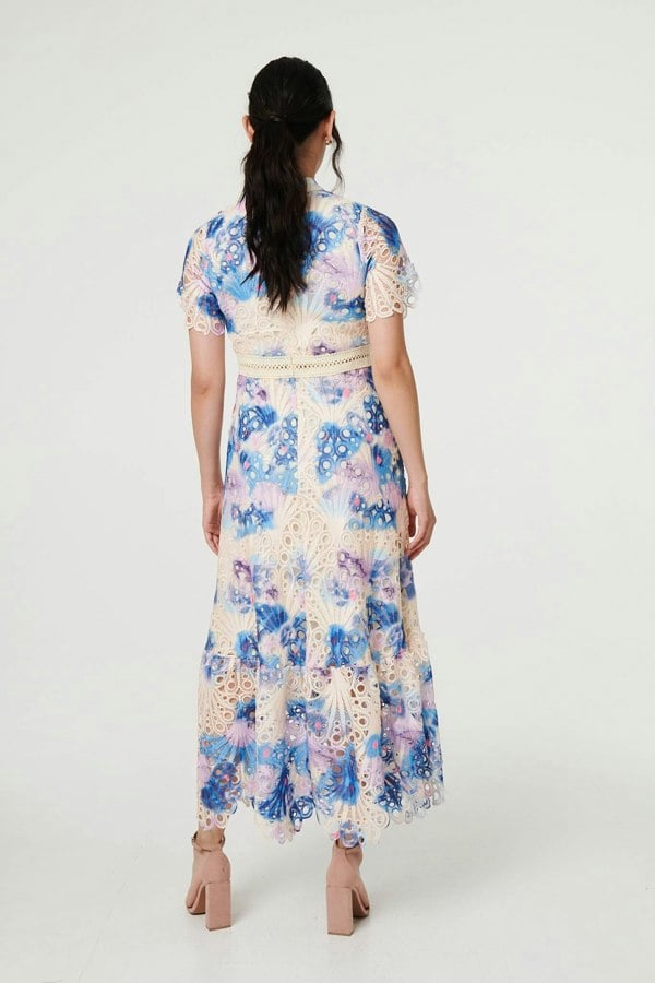 Blue | Floral Lace Trim High Neck Maxi Dress
