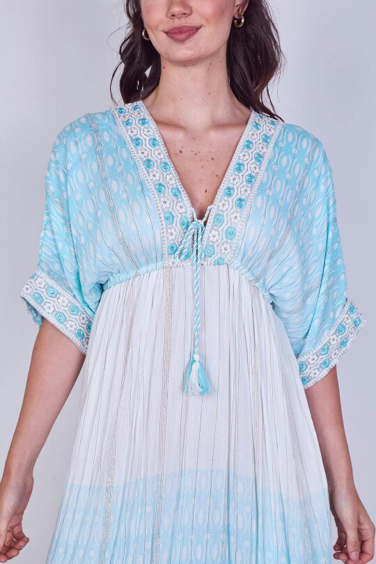 Boho Embroidered Maxi Dress with Tassel Tie – One Size (UK 8–14) - Baby Blue