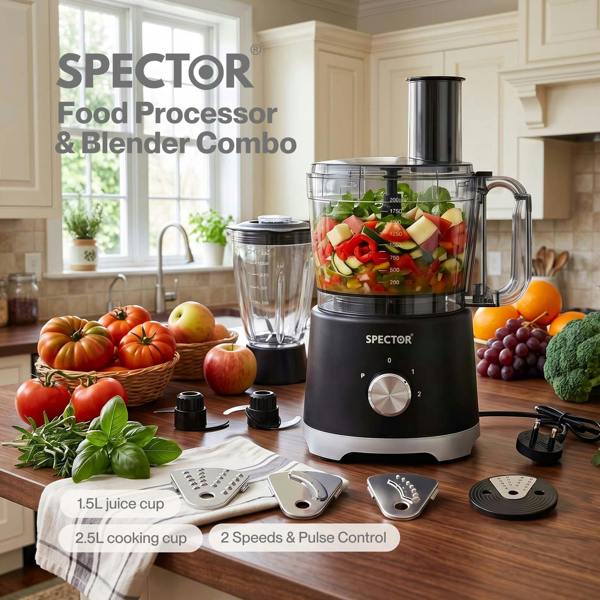 Spector Food Processor 1500W 2-Speed Pulse 2.5L Chopper 1.5L Glass Jug Black