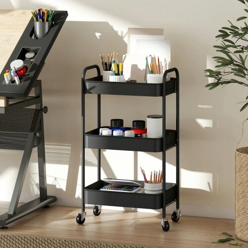 Wyld Haus Varafi Metal Black 3 Tier Steel Storage Trolley With Wheels