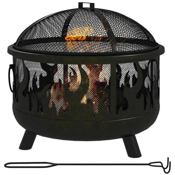 Black steel fire pit with dome mesh cover, flame cutouts, three legs and fire inside