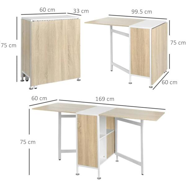 Foldable drop-leaf dining table with dimensions shown; oak panels and white legs