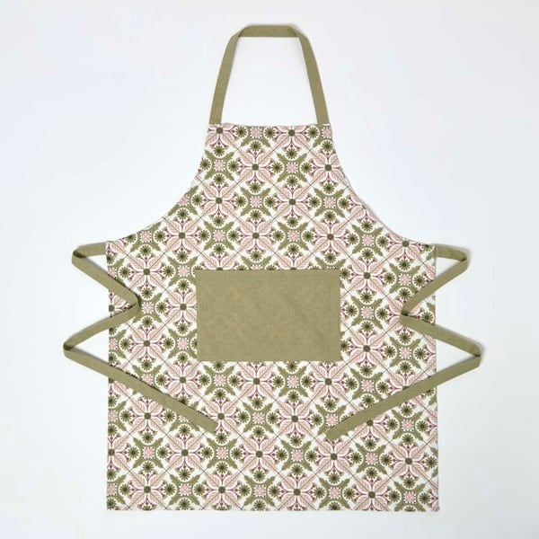 HOMESCAPES Green & Pink Retro 100% Cotton Apron