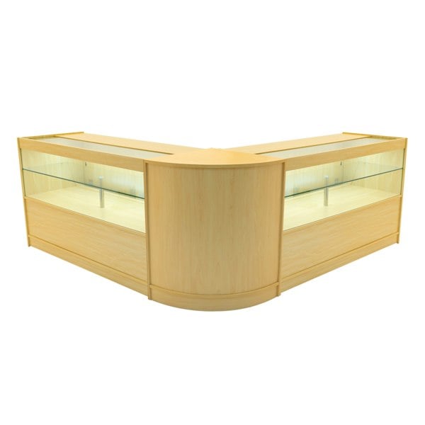 Maple Selene LED shop counter set featuring a sleek, curved design with glass display sections and warm lighting for showcasing products