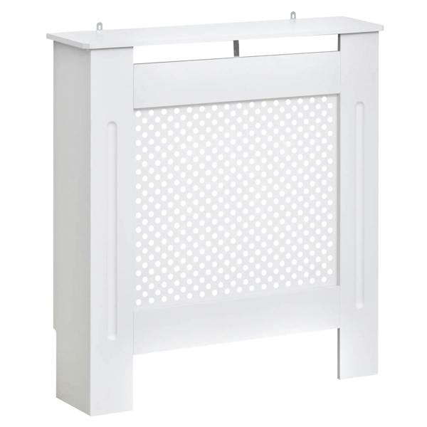 White wooden radiator cover cabinet with perforated grille panel and open sides.