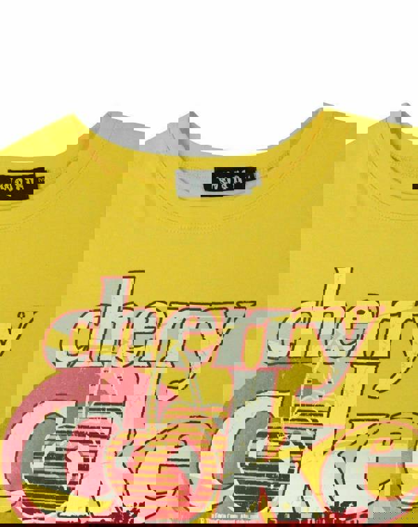 Coca Cola Womens Yellow Cherry Coke Lips Graphic Short Sleeved T-Shirt