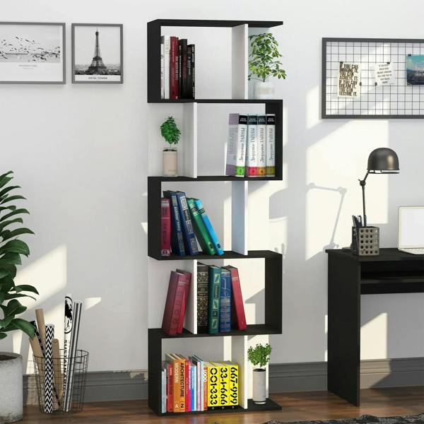Black and white S-shaped bookshelf with five open cubby tiers for books and decor