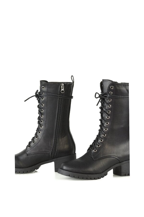 XY LONDON Mid Block Heel Lace Up Military Biker Ankle Boots