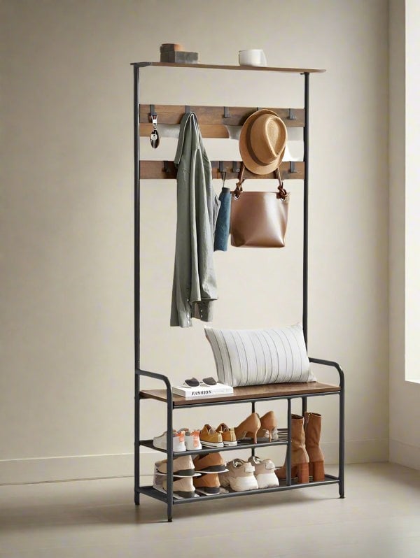 "Multifunctional hallway coat rack with steel frame, rustic brown bench seat, top shelf, and hanging hooks—ideal for entryways or bedrooms."

